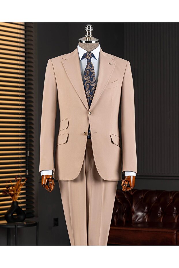 Italian Style S Slim Fit Mono Collar Jacket Pants Suit Mink T14746