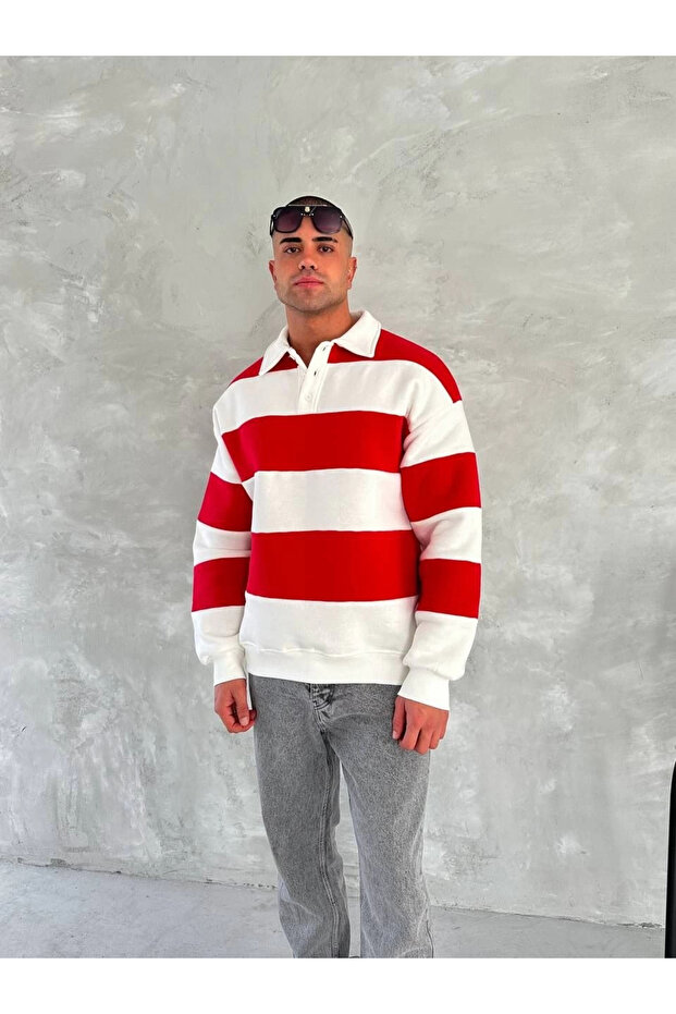 سويت شيرت رجالي بياقة ثلاثية الخيوط - أحمر - 7