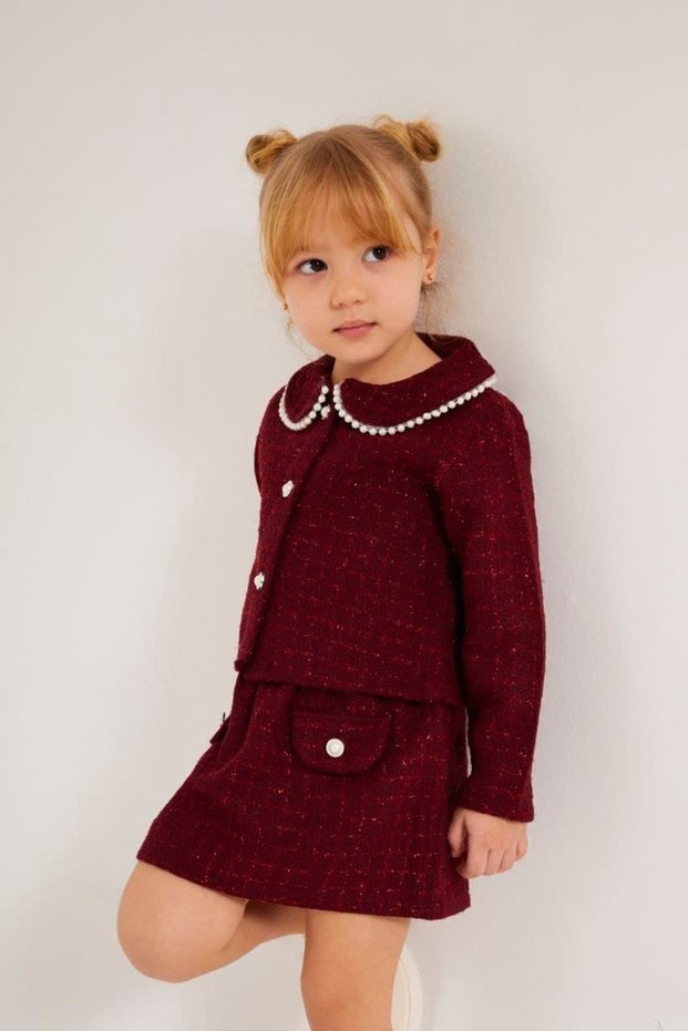 Pearl Detailed Tweed Girls' Suit-Burgundy