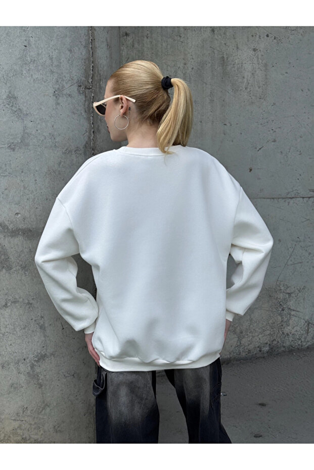 Kadın Basic Ekru Oversize Sweatshirt - 8