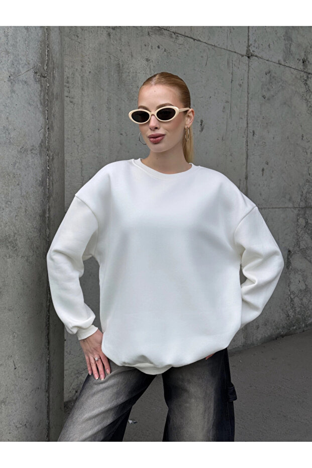 Kadın Basic Ekru Oversize Sweatshirt - 3