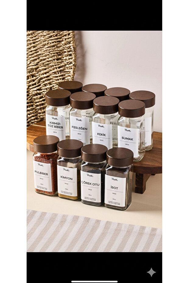 Acacia Lid Glass Spice Jar Set of 12 – Square Glass Spice Jars – Kitchen Spice Organizer