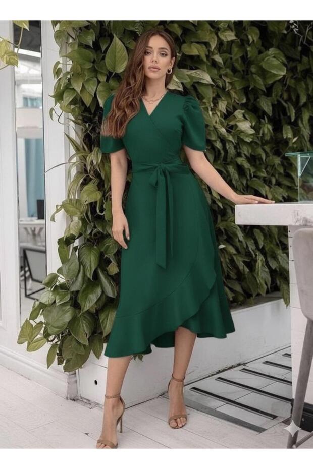 Double-Breasted Collar Crepe Fabric Midi Length Belted Short Sleeve Dress (Emerald Green)