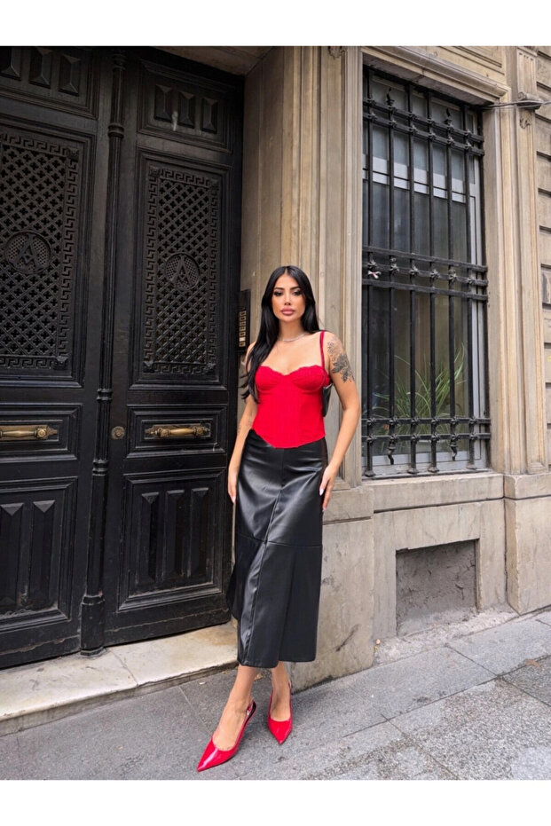 Midi Length Black Leather Skirt