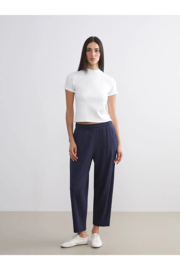 Navy Blue Women's Sweatpants with Elastic Waist - 3