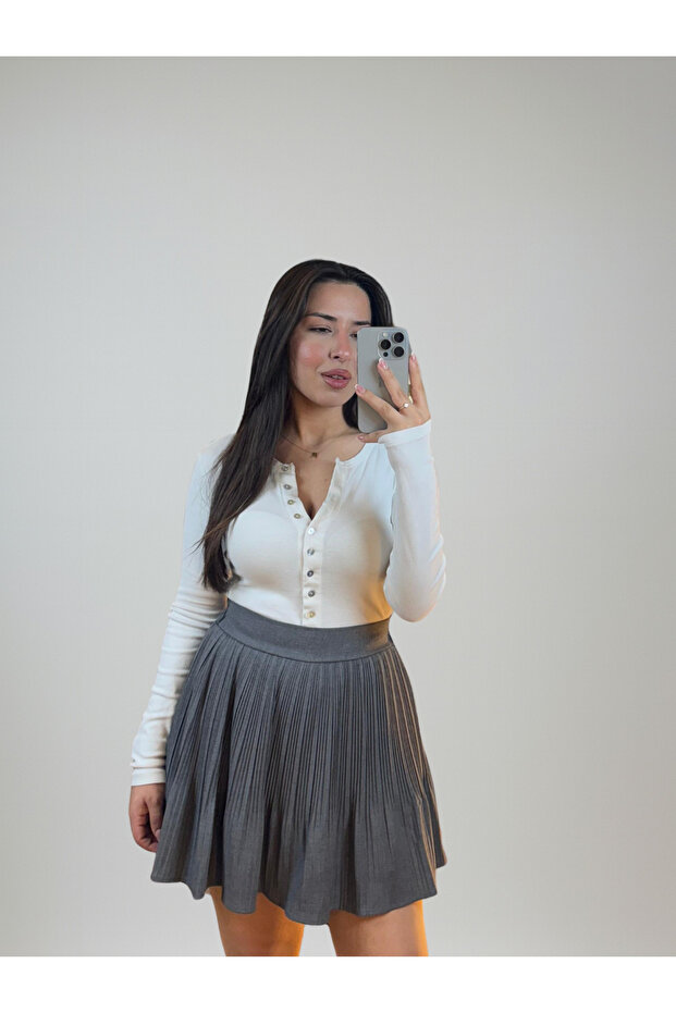 Gri Pileli Etek - 2