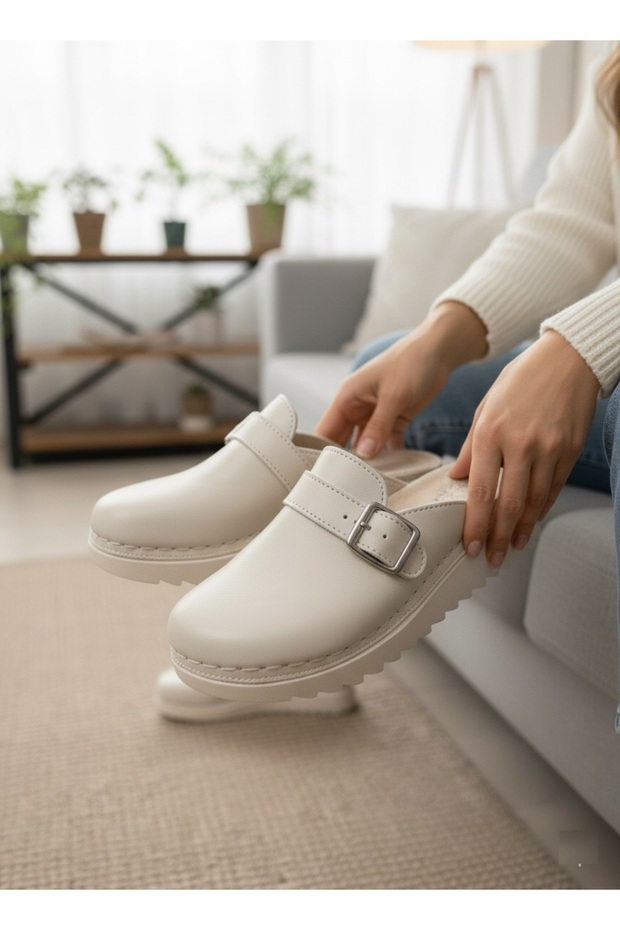 Pr Buckle Orthopedic Soft Lightweight Sole Closed Front Daily Mother Women's Slippers Cream - 4