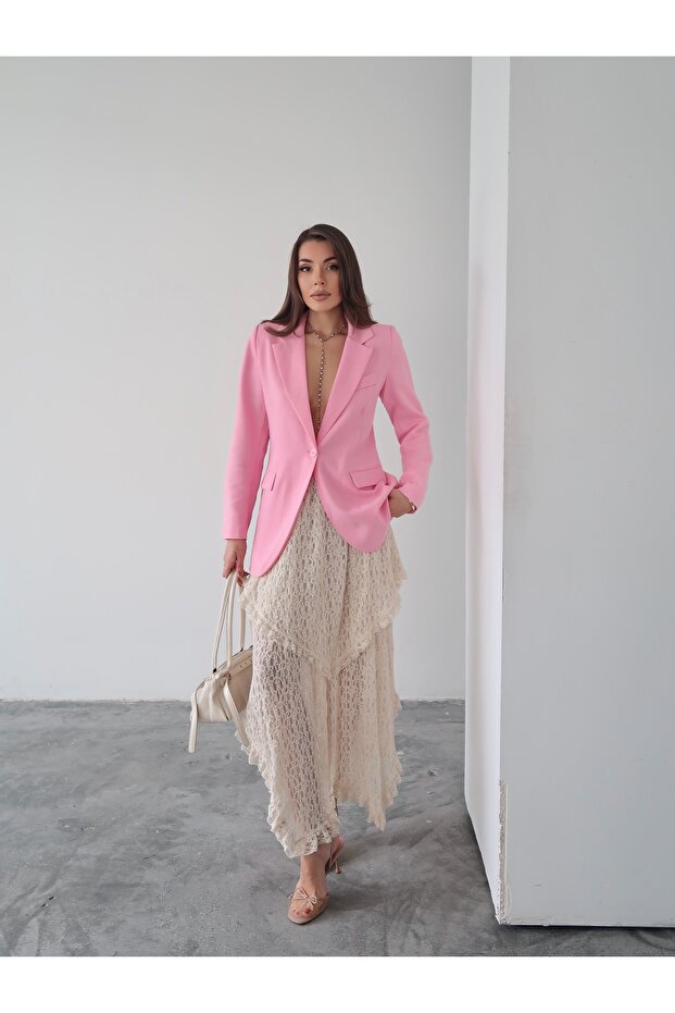 Single Button Lined Linen Blazer Jacket - 6