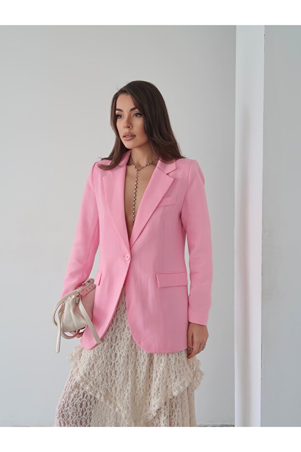 Single Button Lined Linen Blazer Jacket - 1