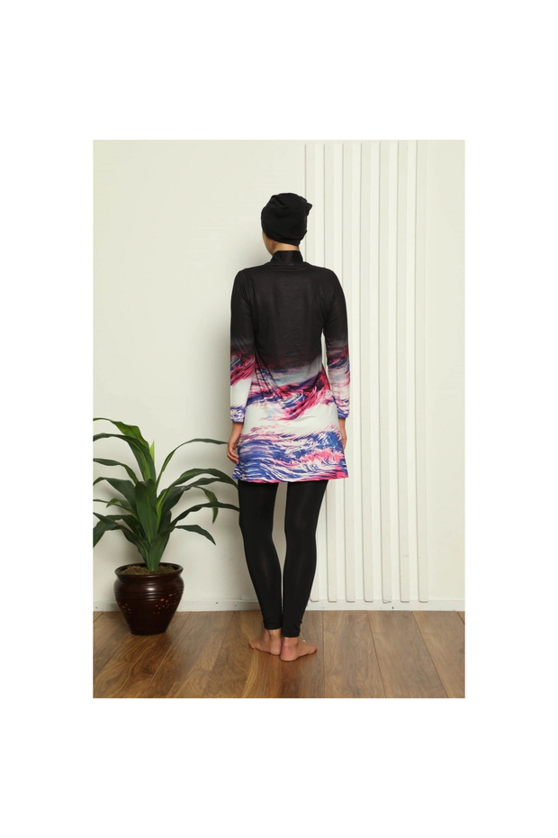 MİRAY- ملابس سباحة محتشمة بالكامل بنقشة رقمية باللون الأسود - 3