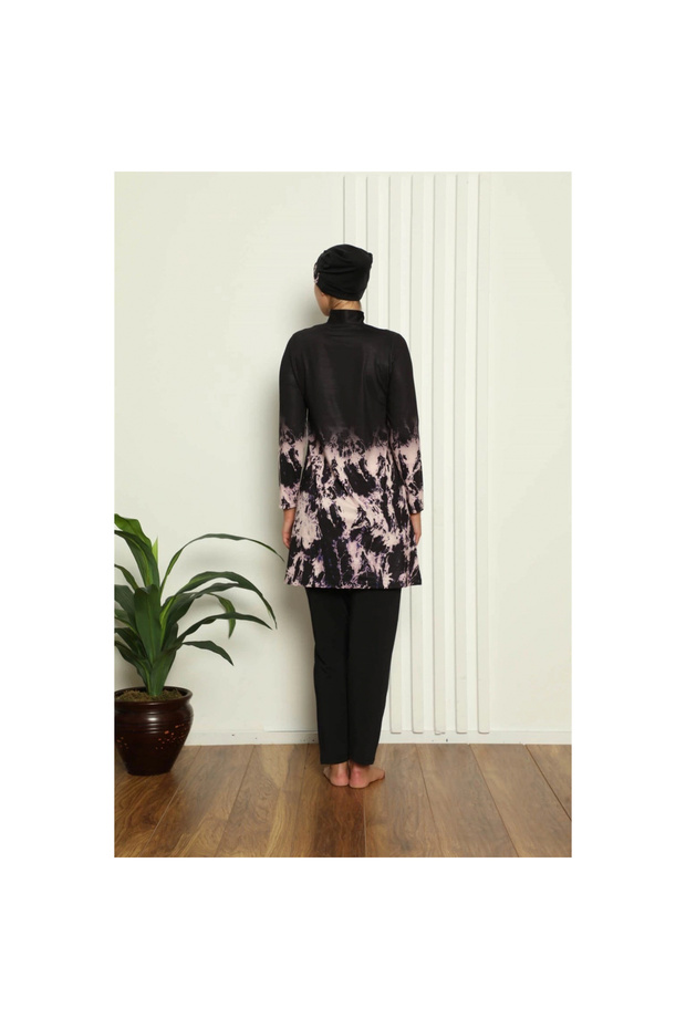 MİRAY- ملابس سباحة محتشمة بالكامل بنقشة رقمية باللون الأسود - 3