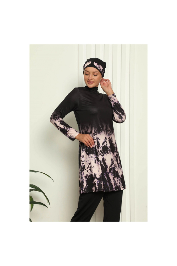 MİRAY- ملابس سباحة محتشمة بالكامل بنقشة رقمية باللون الأسود - 2