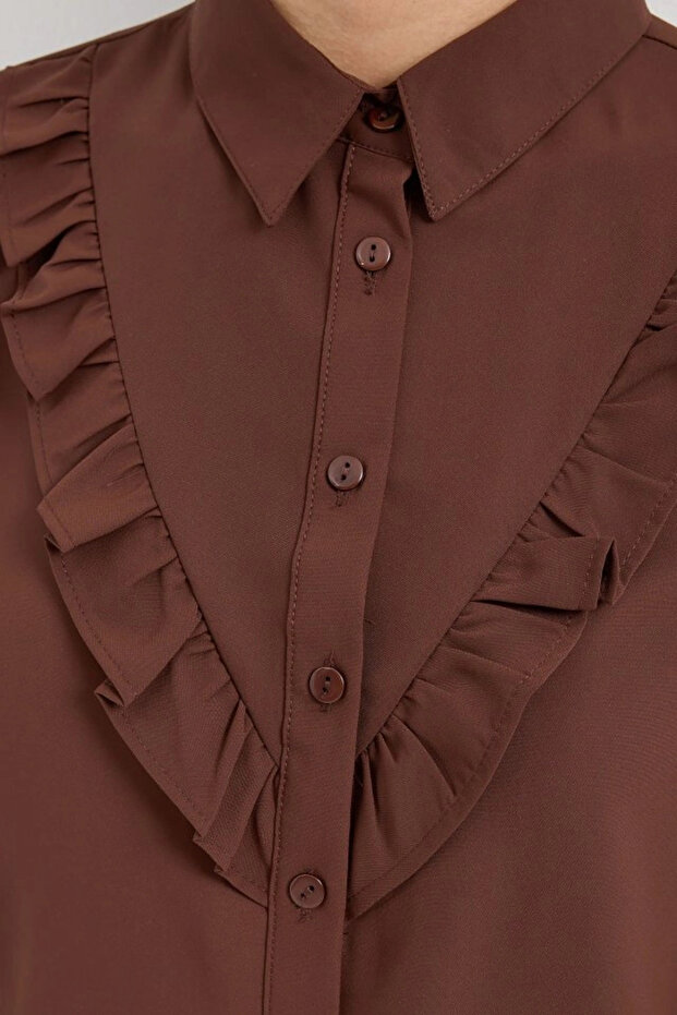 20223 Ruffled Long Sleeve Shirt - Brown - 4