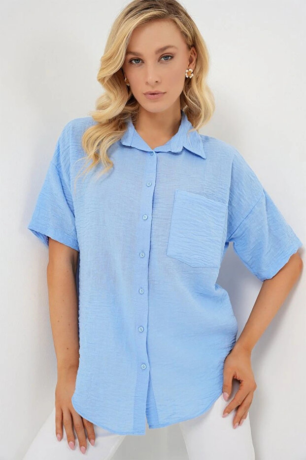 Short Sleeve Linen Look Shirt 20336 - Blue - 4