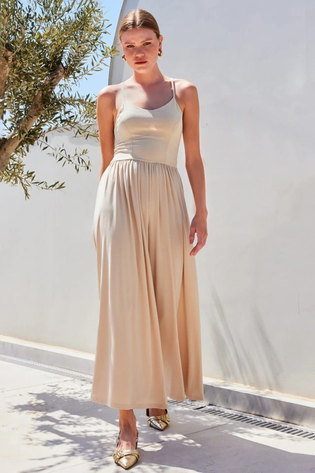 7029 Wide Leg Strap Jumpsuit - Beige - 3