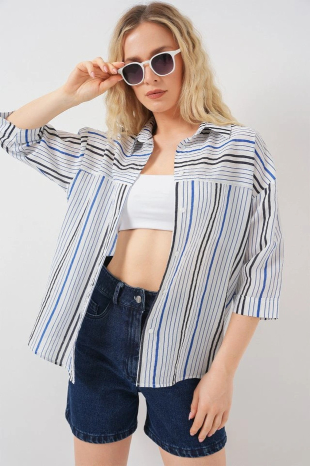 Striped Short Sleeve Shirt 20344 - Navy Blue - 4