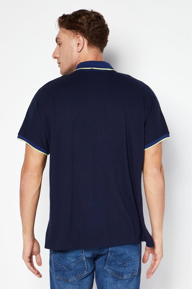 Men Loose Fit Brand Logo Short Sleeve Polo Shirt, Navy - 4