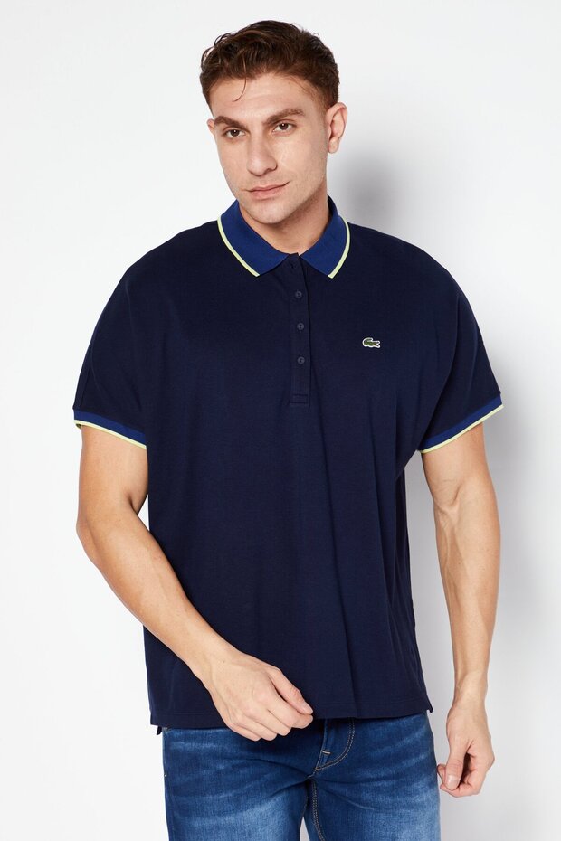 Men Loose Fit Brand Logo Short Sleeve Polo Shirt, Navy - 1