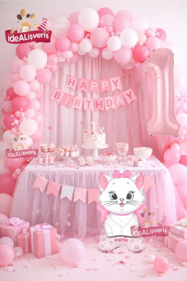 Standing Cute Cat Happy Birthday Written on Foil Balloons Pink Gold Concept Birthday Party Set