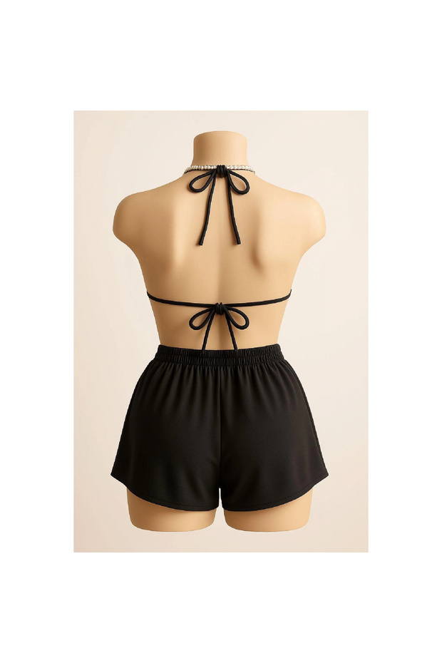 Marsilyan- Women's Black Shorts and Halter Neck Bikini Set - 3