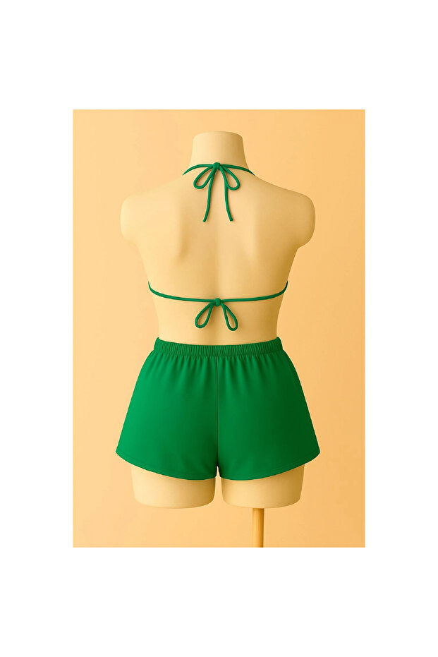 Marsilyan- Women's Green Shorts and Halter Neck Bikini Set - 3