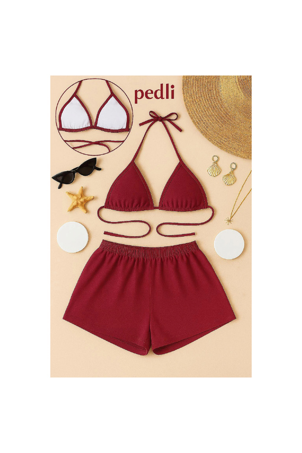 Marsilyan- Women's Burgundy Shorts and Halter Neck Bikini Set - 1