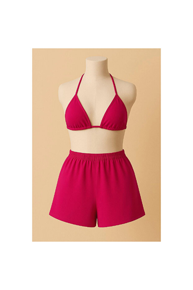 Marsilyan- Women's Fuchsia Shorts and Halter Neck Bikini Set - 2