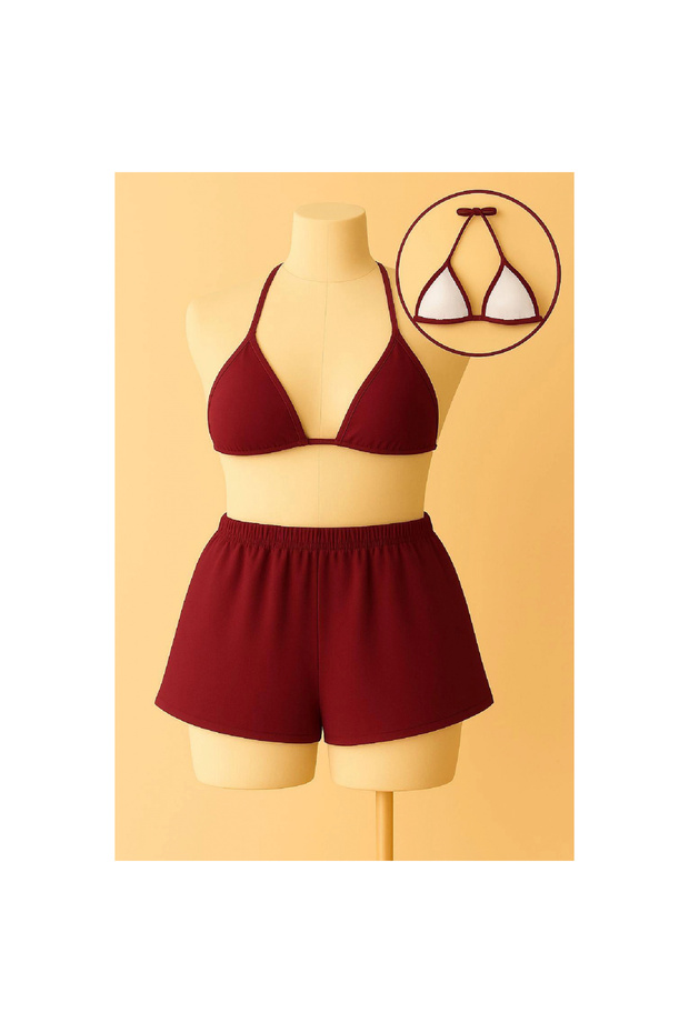 Marsilyan- Women's Burgundy Shorts and Halter Neck Bikini Set - 2