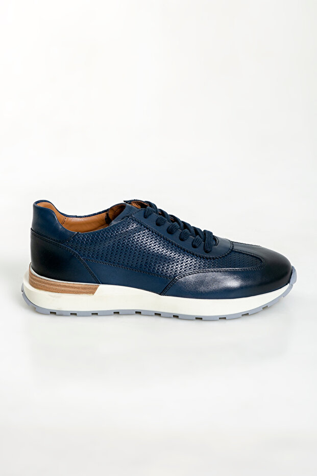 Navy Blue Men's Genuine Leather Sports Shoes - 1