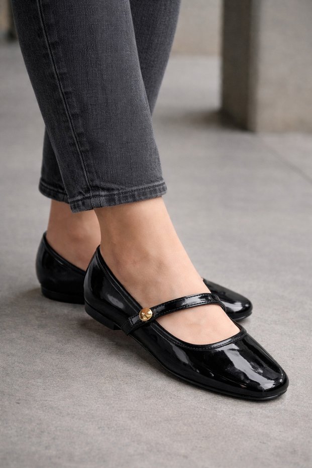 Patent Leather Black Gold Buckle Mary Jane Ballet Flats Stylish Buckle Orthopedic Sole Casual Shoes Stc1211