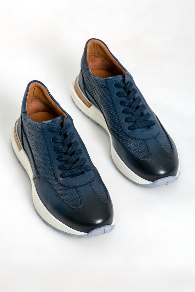 Navy Blue Men's Genuine Leather Sports Shoes - 2