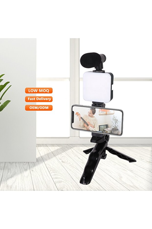 AY-49 Vlogging Kit with LED Light, Shotgun Microphone, Mini Tripod & Remote for Smartphone Video