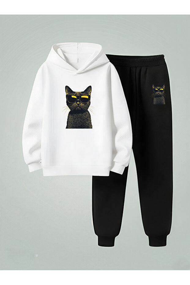 Unisex Children (Hooded) Sweatshirt - Tracksuit Set Black Cat Ba Printed Threaded Ribbed