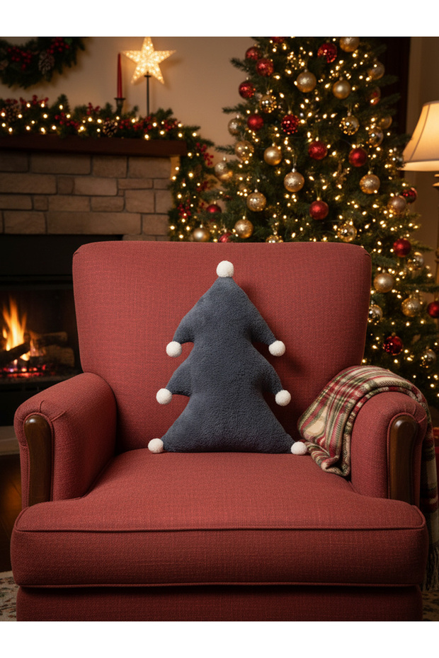 Christmas-Themed Decorative Throw Pillow in the Shape of a Pine Tree with Snowflake Pompom Details