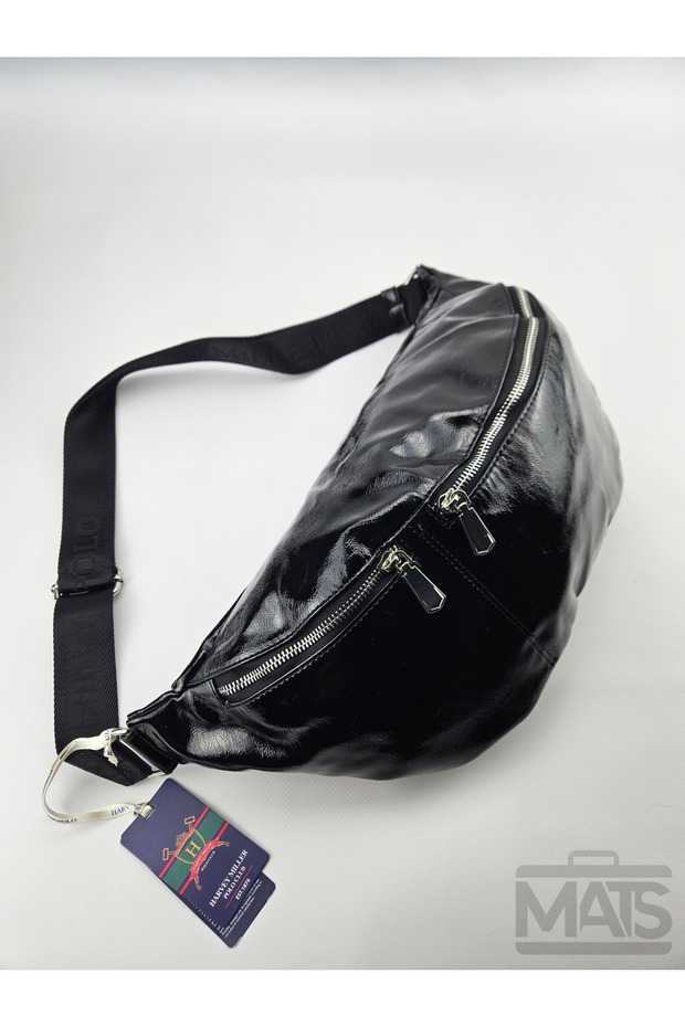 Dsn Black Patent Leather Deep Skin Patterned Large Waist Bag