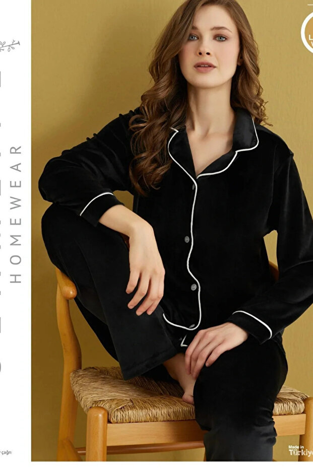 Çağrı New Season Women's Winter Front Buttoned Velvet Oversized Pajama Set
