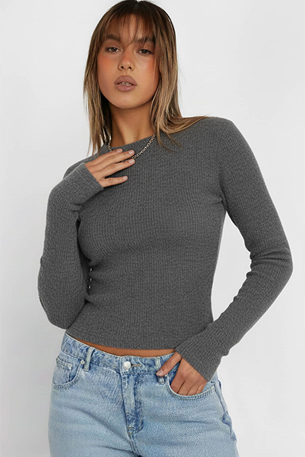 Crew Neck Long Sleeve Corded Fabric Blouse - 1
