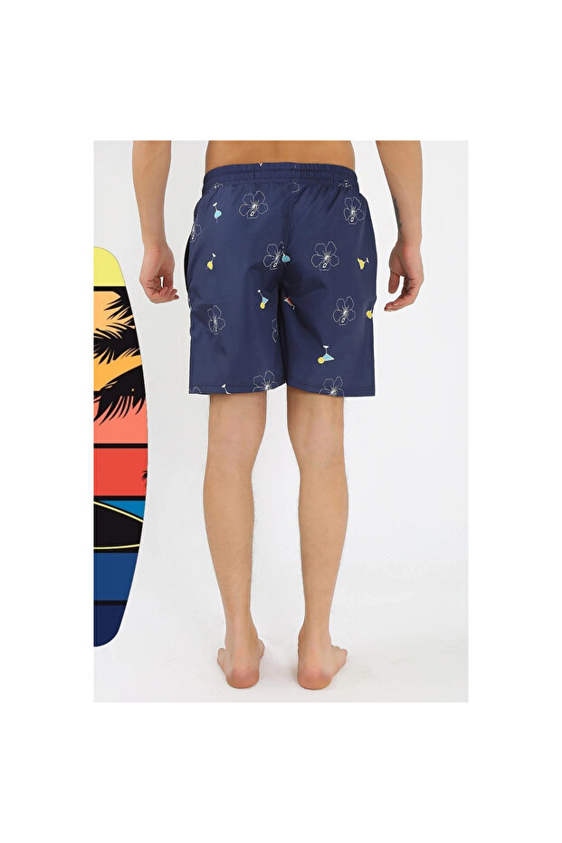 Mi̇ray- Men's Patterned Zipper Pocket Swim Shorts Navy Blue - 4