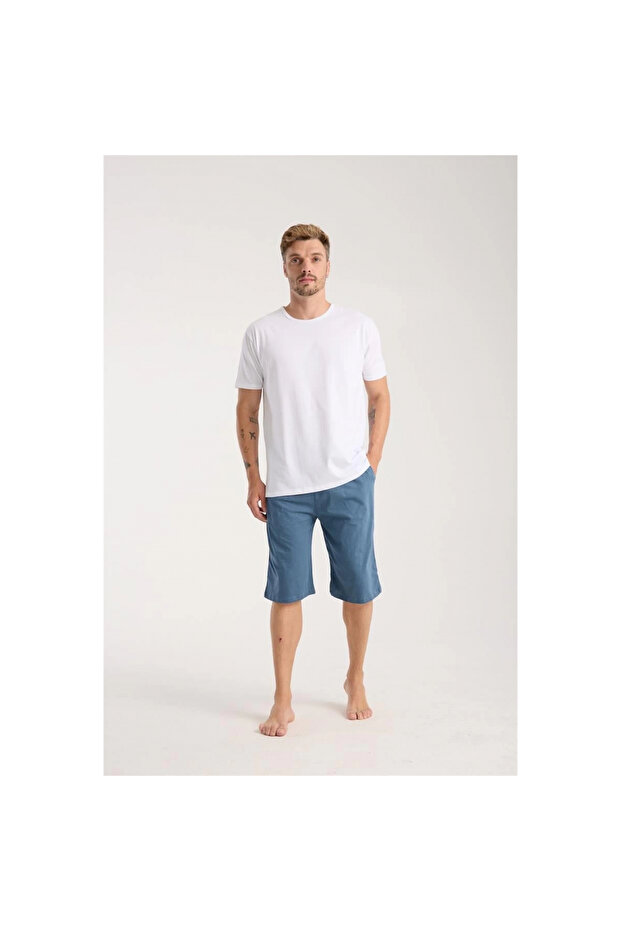Mi̇ray- Men's Cotton Combed Shorts with Pockets Indigo - 5