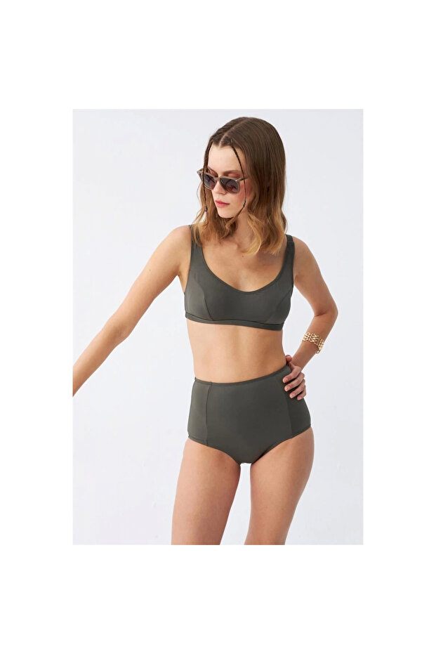 Mi̇ray- Women's Basic Khaki Padded High Waist Bikini Set - 4