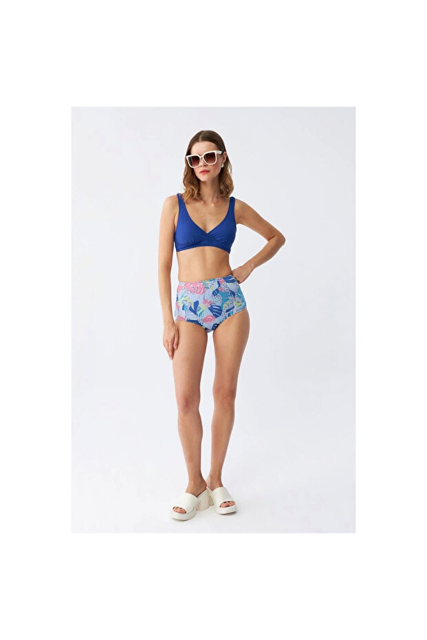 Mi̇ray- Women's Padded Leaf Patterned High Waist Sax Bikini Set - 1