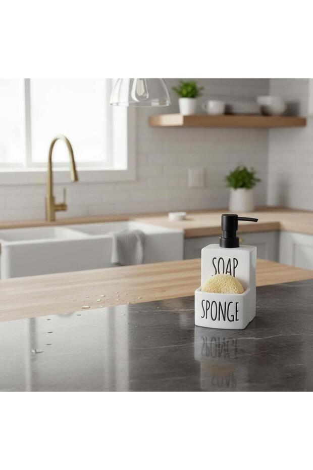Ceramic Kitchen Liquid Soap Dispenser and Sponge Holder Compartmented Detergent Dispenser - 3