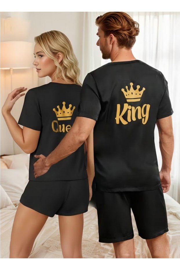 Queen and King Written Double-Sided Matching Couple Lover Combination Basic Regular T-Shirt 100% Cotton