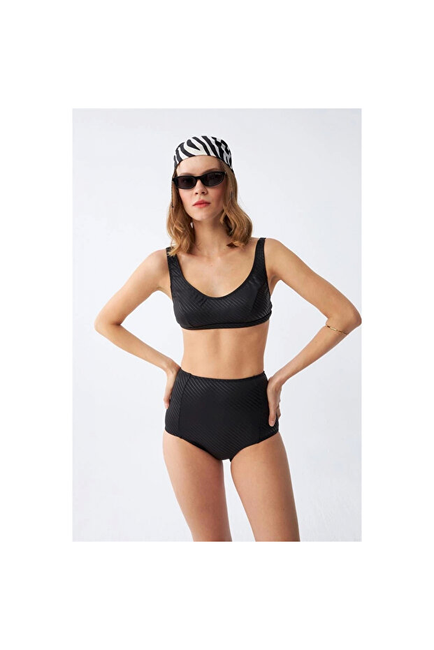 Mi̇ray- Women's Basic Black Padded High Waist Bikini Set - 4