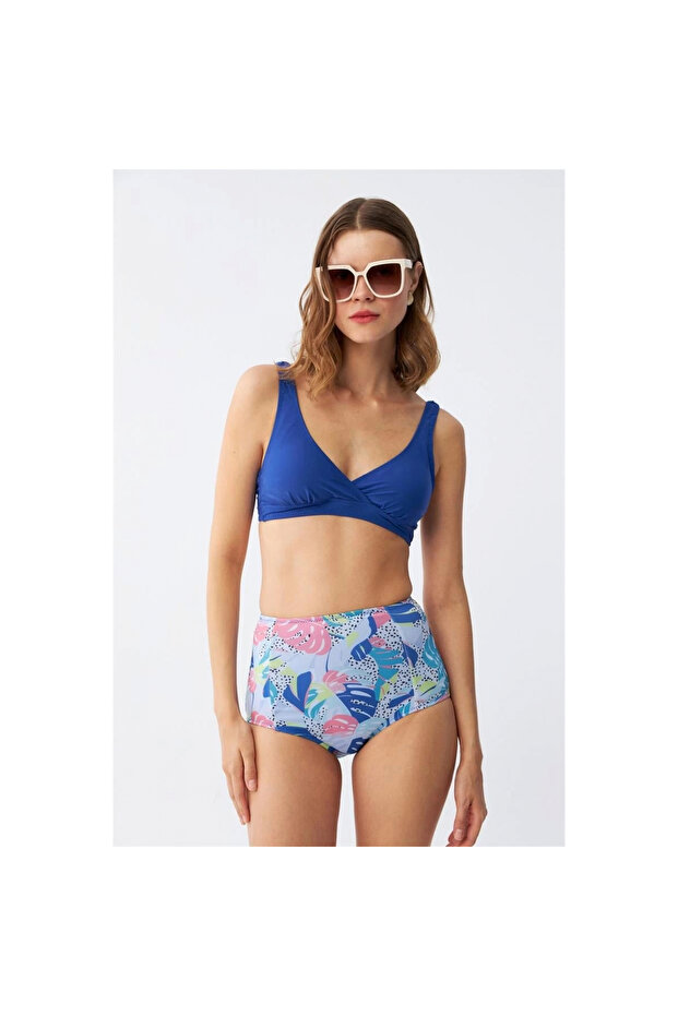 Mi̇ray- Women's Padded Leaf Patterned High Waist Sax Bikini Set - 2