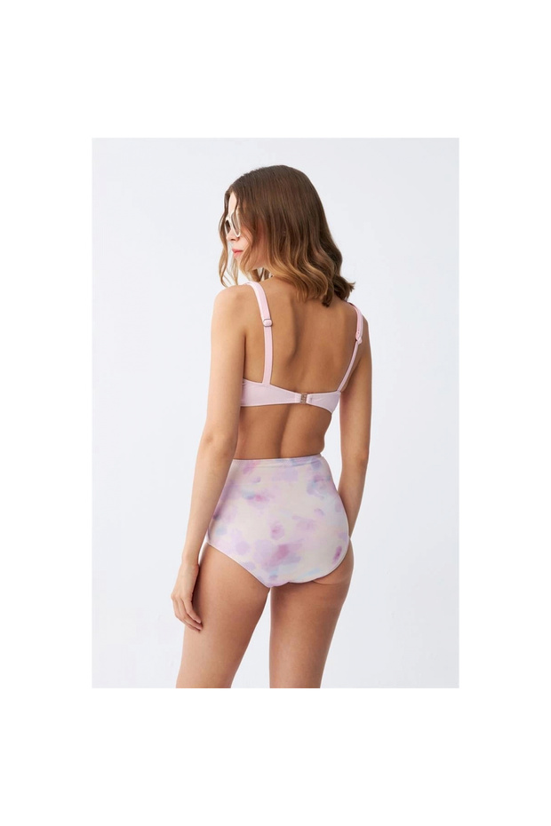 Mi̇ray- Women's Pink Padded Top and Pastel Patterned High Waist Bikini Set - 6