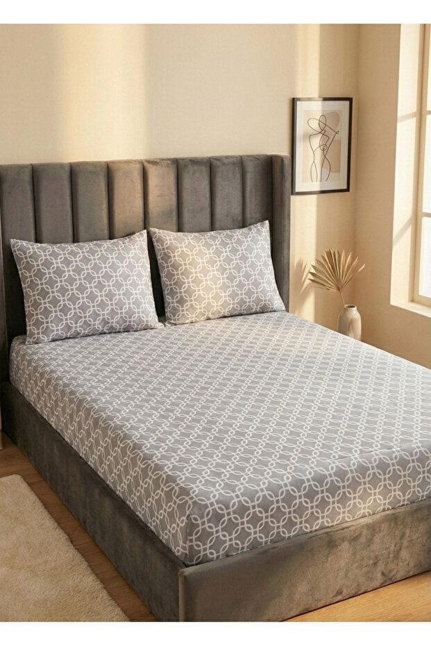 King Size Double Cotton | Elastic | Sheet Set | Gray Chain - 1