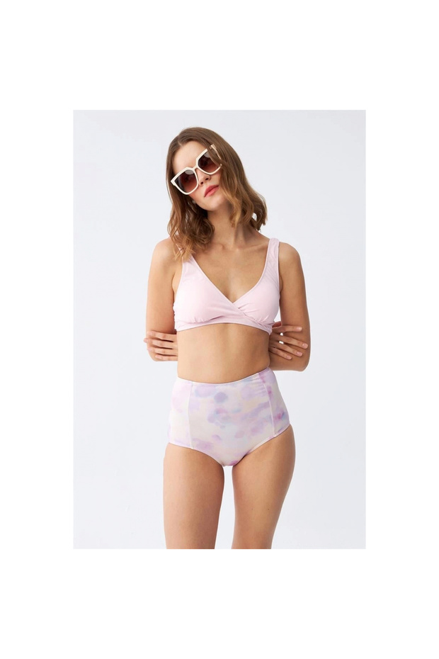 Mi̇ray- Women's Pink Padded Top and Pastel Patterned High Waist Bikini Set - 1