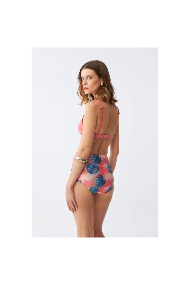Mi̇ray- Women's Salmon Padded Top and Tropical Patterned High Waist Bikini Set - 3