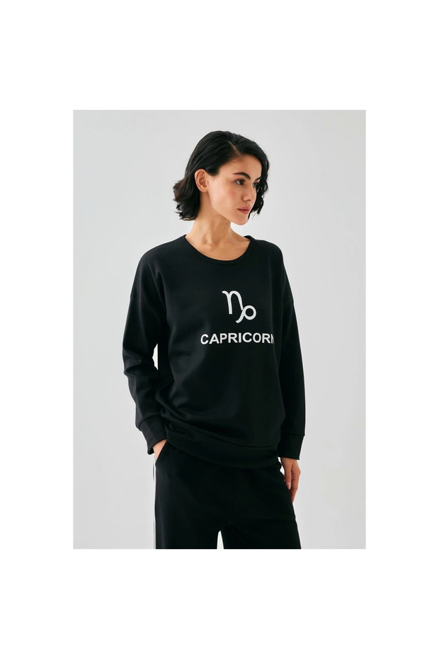 Mi̇ray- Women's Black Capricorn O Oversized 2 Thread Tracksuit Home Wear Set - 3